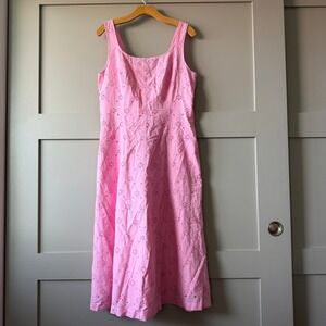 J.Crew Eyelet Midi Dress 12 Pink Smocked‎ Back Sleeveless Embroidered C5891 NEW